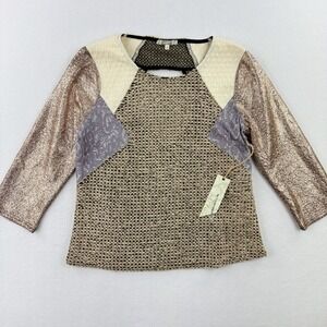 BDE GIMMICKS Tweed Gold Abstract Long Sleeve Top Size S Womens Tan‎ Gold NEW